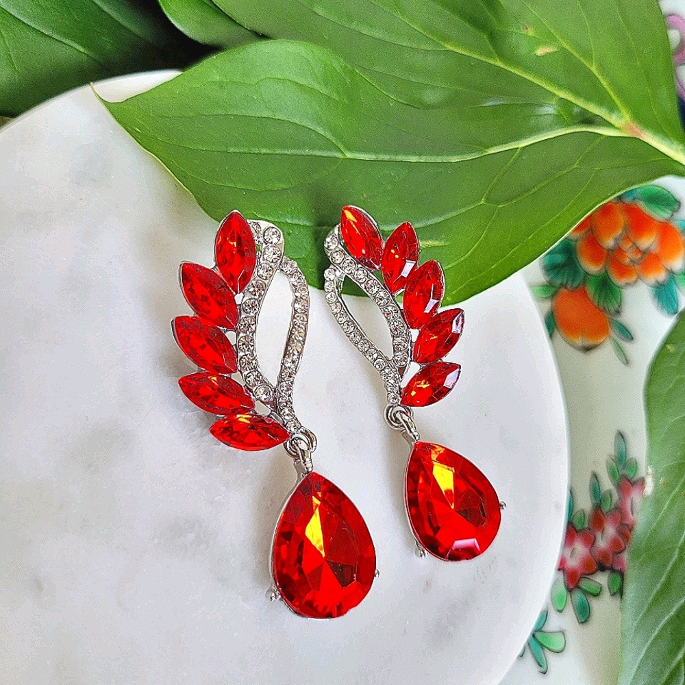 Angel Wings Red Crystal Teardrop Dangle Earrings NWT
